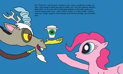 Size: 2000x1200 | Tagged: safe, artist:blazewing, derpibooru import, discord, pinkie pie, draconequus, earth pony, chaos star, coffee cup, colored background, cup, drawpile, image, magic, png, reaching out, styrofoam cup, telekinesis, text, this will not end well