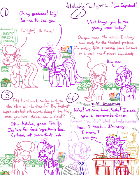 Size: 4779x6013 | Tagged: safe, artist:adorkabletwilightandfriends, derpibooru import, lily, lily valley, spike, twilight sparkle, twilight sparkle (alicorn), alicorn, dragon, earth pony, pony, comic:adorkable twilight and friends, absurd resolution, adorkable, adorkable twilight, apple, basket, butt, carrot, charred, chips, comic, cute, dinner, dork, female, food, friendship, grocery store, happy, horn, horn impalement, humor, image, lettuce, love, magic, male, mare, messy, plot, png, produce, relationships, smoke, store, trio, walking, wuv, wuv u, wuvs