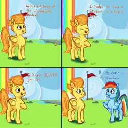 Size: 2000x2000 | Tagged: safe, artist:dummyhorse, derpibooru import, rainbow dash, spitfire, pegasus, pony, 4 panel comic, atg 2021, comic, dialogue, duo, duo female, female, folded wings, high res, hoof on chest, image, introduction, jpeg, looking at each other, mare, mrs. puff, newbie artist training grounds, open mouth, outdoors, raised hoof, reference, smiling, spongebob reference, spongebob squarepants, standing, three quarter view, wings, wonderbolts headquarters
