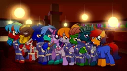 Size: 1200x679 | Tagged: safe, artist:jennieoo, derpibooru import, twilight sparkle, oc, oc:amethyst fire, oc:arctic bolt, oc:electric swing, oc:lucky shadow, oc:night watch, oc:ruby rain, oc:sharp wing, oc:swift specter, alicorn, pegasus, pony, clothes, glasses, group photo, group shot, happy, image, png, salute, smiling, uniform, vector