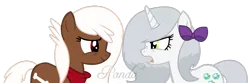 Size: 1169x389 | Tagged: safe, artist:alari1234, artist:ipandacakes, derpibooru import, opalescence, winona, ponified, earth pony, pony, unicorn, angry, bandana, bow, female, frown, image, looking at each other, mare, open mouth, png, ponified pony pets, scrunchy face, simple background, smiling, species swap, transparent background, vector, watermark