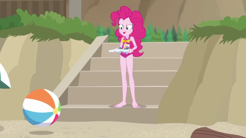 Size: 1280x720 | Tagged: safe, derpibooru import, screencap, pinkie pie, equestria girls, equestria girls series, too hot to handle, barefoot, beach, beach ball, confident, determined, determined smile, feet, female, image, open mouth, open smile, png, sand, smiling, solo