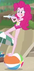 Size: 320x660 | Tagged: safe, derpibooru import, screencap, pinkie pie, equestria girls, equestria girls series, too hot to handle, barefoot, beach ball, clothes, cropped, feet, image, png, sand, smiling, solo, standing, standing on one leg, swimsuit, tongue out