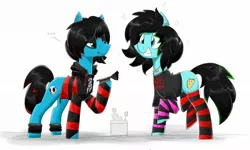 Size: 1920x1152 | Tagged: safe, artist:flutterthrash, derpibooru import, oc, oc:emo lad, oc:scene chick, unofficial characters only, earth pony, pony, ..., ankle band, arm warmers, brother and sister, clothes, duo, ear piercing, earring, emo, eyeliner, eyeshadow, female, grin, happy, hoodie, hoof hold, image, jewelry, jpeg, lip piercing, makeup, male, mare, necklace, nose piercing, piercing, scene, shirt, siblings, simple background, smiling, socks, stallion, standing, striped socks, t-shirt, white background