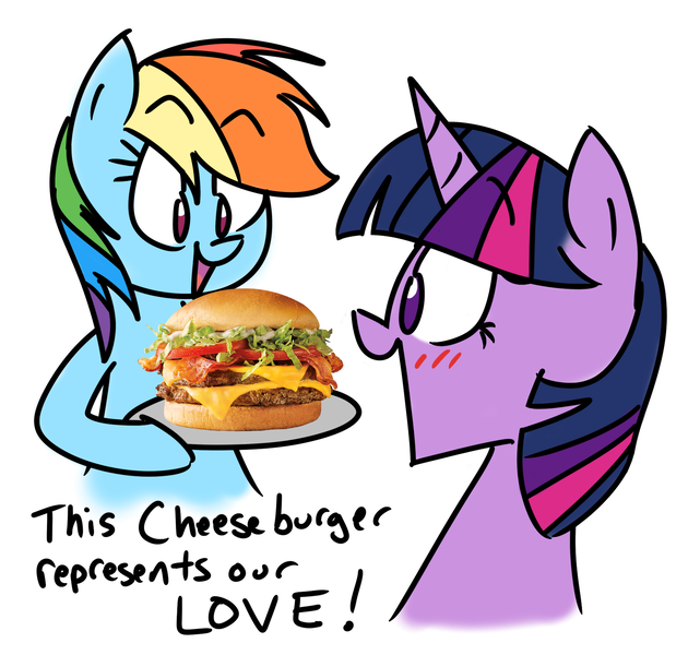 Size: 1588x1487 | Tagged: safe, artist:grilledcat, derpibooru import, rainbow dash, twilight sparkle, burger, female, food, image, lesbian, png, shipping, that pony sure does love burgers, twidash, twilight burgkle, veggie burger