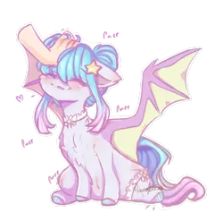 Size: 1353x1335 | Tagged: safe, artist:honeybbear, derpibooru import, oc, unofficial characters only, bat pony, pony, bat pony oc, bat wings, chest fluff, choker, cute, eyes closed, hand, head pat, image, pat, petting, png, sitting, spread wings, wings