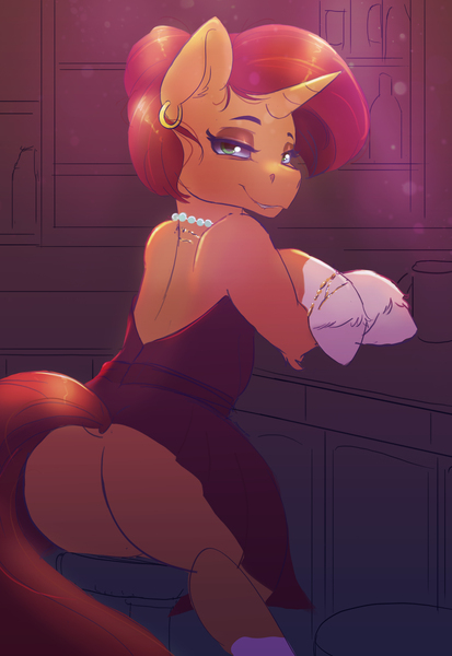 Size: 2750x4000 | Tagged: suggestive, artist:ardail, derpibooru import, stellar flare, pony, unicorn, backless, bar, bar stool, bedroom eyes, bracelet, butt, clothes, dock, dress, ear piercing, earring, female, high res, human shoulders, image, jewelry, jpeg, leaning, lidded eyes, lip bite, looking at you, looking back, looking back at you, mare, milf, necklace, pearl necklace, piercing, plot, smiling, solo, solo female, unshorn fetlocks