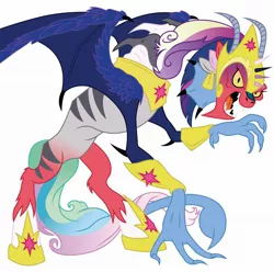 Size: 2048x2028 | Tagged: safe, derpibooru import, big macintosh, cosmos (character), princess cadance, princess celestia, princess luna, twilight sparkle, zecora, spoiler:comic, abomination, crown, female, fusion, high res, image, jewelry, jpeg, regalia, scorpion tail, simple background, tail, we have become one, white background, wings