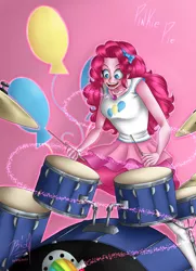 Size: 2893x3996 | Tagged: safe, artist:bidzinha, derpibooru import, pinkie pie, equestria girls, bow, clothes, cutie mark, cutie mark background, cutie mark on clothes, cymbals, drum kit, drums, drumsticks, female, geode of sugar bombs, hair bow, hi-hat, high res, image, jpeg, magical geodes, musical instrument, open mouth, open smile, skirt, smiling, socks, solo, stockings, tanktop, thigh highs