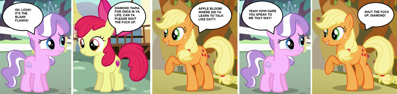 Size: 2670x638 | Tagged: safe, derpibooru import, edit, screencap, apple bloom, applejack, diamond tiara, comic, happy, image, png, smiling, vulgar