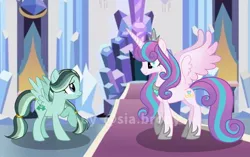 Size: 1080x680 | Tagged: safe, artist:sia.brony, derpibooru import, princess flurry heart, oc, oc:clover, alicorn, pegasus, pony, the last problem, to where and back again, duo, female, hoof shoes, horn, image, indoors, jewelry, jpeg, mare, older, older flurry heart, pegasus oc, peytral, raised hoof, smiling, tiara, wings, worried