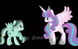 Size: 1080x679 | Tagged: safe, alternate version, artist:sia.brony, derpibooru import, princess flurry heart, oc, oc:clover, alicorn, pegasus, pony, the last problem, to where and back again, black background, duo, female, hoof shoes, horn, image, jewelry, jpeg, mare, older, older flurry heart, pegasus oc, peytral, raised hoof, simple background, smiling, tiara, wings, worried