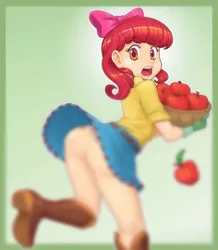 Size: 850x977 | Tagged: suggestive, artist:nauth, edit, apple bloom, human, adorabloom, adorasexy, apple, ass, belt, bloom butt, blurry, boots, bottomless, bow, butt, censored, clothes, cute, denim skirt, female, food, gloves, hair bow, humanized, image, jpeg, partial nudity, partial nudity edit, red hair, sexy, shirt, shoes, skirt, skirt lift, solo, solo female, thighs, upskirt, wind