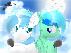 Size: 2000x1500 | Tagged: safe, artist:jadebreeze115, derpibooru import, oc, oc:jade breeze, oc:winter light, unofficial characters only, pegasus, pony, unicorn, background pony, cute, duo, ear fluff, ethereal mane, horn, image, looking at each other, male, microphone, pegasus oc, png, shipping, smiling, stallion, sunny, unicorn oc, wholesome, wings