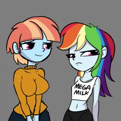 Size: 3000x3000 | Tagged: suggestive, artist:tjpones, derpibooru import, rainbow dash, windy whistles, equestria girls, belly button, breast envy, breasts, busty windy whistles, clothes, delicious flat chest, duo, duo female, erect nipples, female, frown, gray background, image, lidded eyes, looking away, mega milk, meme, midriff, mother and child, mother and daughter, nipple outline, png, rainbow flat, simple background, sweater, sweater puppies, turtleneck, wide hips