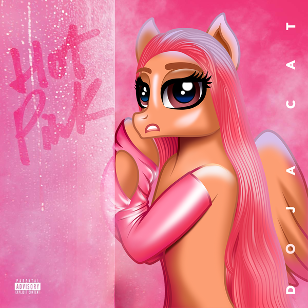 Size: 1200x1200 | Tagged: safe, artist:aldobronyjdc, derpibooru import, ponified, pegasus, pony, album cover, digital art, doja cat, hot pink, image, long hair, looking at you, parental advisory, png, simple background