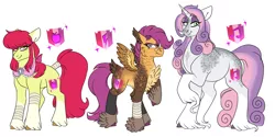 Size: 6000x3000 | Tagged: safe, artist:gingygin, derpibooru import, apple bloom, scootaloo, sweetie belle, earth pony, pegasus, pony, unicorn, absurd resolution, bandaid, coat markings, cutie mark crusaders, eyebrows, eyebrows visible through hair, feathered fetlocks, female, goldie delicious' shawl, height difference, hoof fluff, hoof wraps, image, long feather, looking at you, mare, older, older apple bloom, older cmc, older scootaloo, older sweetie belle, png, shawl, simple background, smiling, smiling at you, socks (coat marking), trio, trio female, unshorn fetlocks, white background