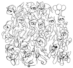 Size: 1408x1313 | Tagged: safe, artist:anticular, derpibooru import, blossomforth, bulk biceps, cloudchaser, daring do, derpy hooves, fleetfoot, flitter, fluttershy, lightning dust, rainbow dash, rumble, scootaloo, soarin', spitfire, thunderlane, zephyr breeze, pegasus, pony, balloon, black and white, colt, female, filly, floating, grayscale, image, male, mare, monochrome, png, stallion