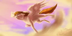 Size: 3464x1732 | Tagged: safe, artist:sinderynaralex, derpibooru import, oc, unofficial characters only, pegasus, pony, cloud, eyes closed, flying, grin, high res, image, jpeg, pegasus oc, sky, smiling, solo, spread wings, wings