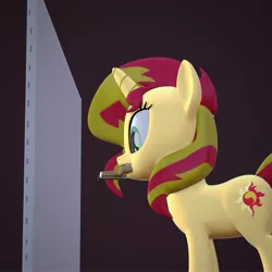 Size: 4000x4000 | Tagged: safe, artist:wissle, derpibooru import, sunset shimmer, pony, unicorn, 3d, atg 2021, blender, canvas, female, high res, image, jpeg, mare, mouth hold, newbie artist training grounds, paintbrush, simple background, solo