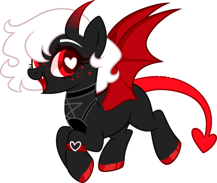 Size: 2474x2084 | Tagged: safe, artist:kurosawakuro, derpibooru import, oc, demon, demon pony, original species, demon tail, fangs, female, freckles, heart eyes, horns, image, png, simple background, solo, transparent background, wingding eyes