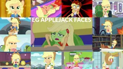 Size: 1280x721 | Tagged: safe, derpibooru import, edit, edited screencap, editor:quoterific, screencap, applejack, fluttershy, best in show: the victory lap, camping must-haves, eqg summertime shorts, equestria girls, equestria girls (movie), equestria girls series, i'm on a yacht, legend of everfree, make up shake up, rainbow rocks, rollercoaster of friendship, shake things up!, spring breakdown, street chic, sunset's backstage pass!, spoiler:eqg series (season 2), angry, applejack's hat, best in show logo, camp everfree outfits, clothes, cowboy hat, cute, cutie mark, cutie mark on clothes, fall formal outfits, female, food, geode of super strength, hat, image, jackabetes, jewelry, magical geodes, microphone, necklace, offscreen character, one eye closed, open mouth, pancakes, photo booth (song), png, ponied up, seasickness, smiling, yacht