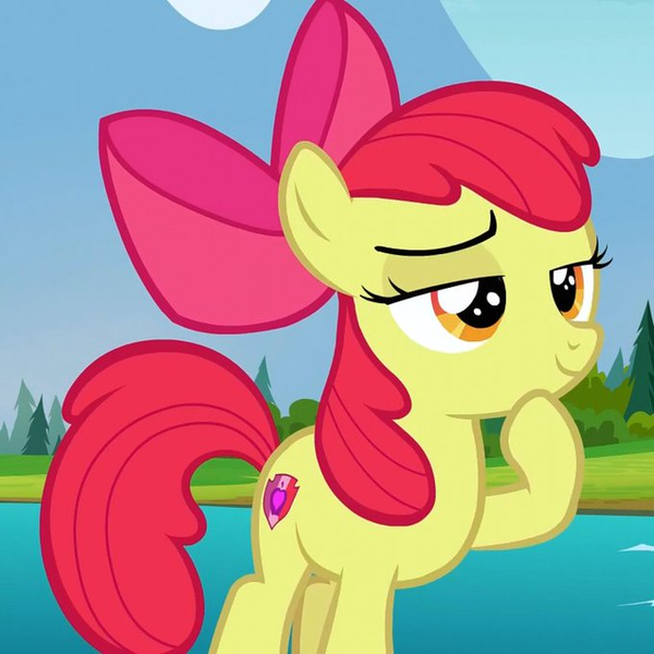 Size: 680x680 | Tagged: safe, derpibooru import, screencap, apple bloom, earth pony, pony, marks for effort, season 7, cropped, female, filly, hoof on chin, image, png, smiling, smirk, solo, thinking