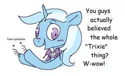 Size: 983x599 | Tagged: artist needed, safe, derpibooru import, trixie, pony, unicorn, blushing, cape, clothes, comic sans, crossdressing, fake eyelashes, gender headcanon, image, looking at you, male, png, rule 63, text, tristan, trixie's cape