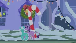 Size: 1920x1080 | Tagged: safe, artist:misskanabelle, derpibooru import, twilight sparkle, twilight sparkle (alicorn), oc, oc:tickle, alicorn, earth pony, pony, candy, candy cane, canon x oc, christmas, christmas lights, christmas wreath, duo, earth pony oc, female, food, holiday, horn, image, lesbian, mare, outdoors, png, shipping, smiling, snow, wings, wreath