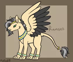 Size: 1750x1500 | Tagged: safe, artist:misskanabelle, derpibooru import, oc, oc:ramses, unofficial characters only, hybrid, sphinx, abstract background, adopted offspring, ear fluff, image, interspecies offspring, jewelry, magical lesbian spawn, male, offspring, parent:pinkie pie, parent:princess skystar, parents:skypie, png, ring, signature, solo, sphinx oc, tail, tail ring, two toned wings, wings