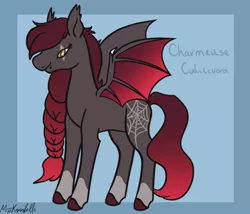 Size: 1750x1500 | Tagged: safe, artist:misskanabelle, derpibooru import, oc, oc:charmeuse culicivora, unofficial characters only, bat pony, pony, abstract background, bat pony oc, bat wings, braid, colored hooves, eye scar, female, image, mare, png, scar, solo, wings