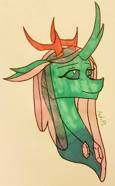 Size: 2034x3290 | Tagged: safe, artist:agdapl, derpibooru import, ocellus, changedling, changeling, antlers, bust, changedling queen, curved horn, duo, horn, image, jpeg, older, older ocellus, signature, smiling, solo, traditional art