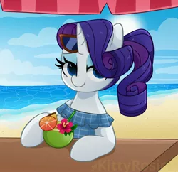 Size: 3704x3592 | Tagged: safe, artist:kittyrosie, derpibooru import, rarity, pony, unicorn, beach, clothes, hair over one eye, image, jpeg, piña colada (drink), sand, sunglasses, swimsuit, water