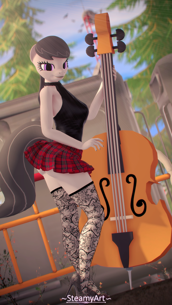 Size: 2160x3840 | Tagged: safe, alternate version, artist:phenioxflame, derpibooru import, octavia melody, anthro, earth pony, 3d, breasts, busty octavia, clothes, commission, double bass, high heels, image, looking at you, musical instrument, png, shoes, skirt, socks, solo, source filmmaker, stockings, suit, thigh highs