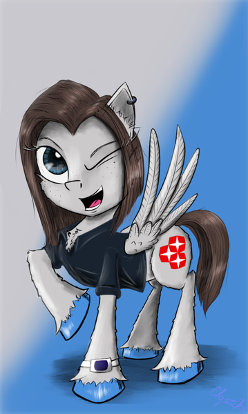 Size: 1250x2088 | Tagged: safe, artist:chopsticks, derpibooru import, oc, oc:samsung sam, ponified, pegasus, pony, cheek fluff, chest fluff, clothes, ear fluff, ear piercing, earring, female, freckles, image, jewelry, looking at you, mare, one eye closed, open mouth, piercing, png, samsung, shirt, unshorn fetlocks, watch, wink, winking at you