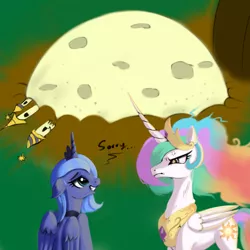 Size: 2000x2000 | Tagged: safe, artist:darksly, derpibooru import, princess celestia, princess luna, alicorn, pony, atg 2021, canterlot castle, celestia is not amused, cross-popping veins, crown, destroyed, fire, flame eyes, frazzled hair, image, injured, jewelry, jpeg, moon, newbie artist training grounds, oops, regalia, s1 luna, sheepish grin, sorry, this will end in banishment, this will end in tears and/or a journey to the moon, unamused, wingding eyes