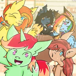 Size: 1000x1000 | Tagged: safe, artist:bunfoxx20studios, derpibooru import, rainbow dash, oc, oc:cottonwood kindle, oc:goldenflow, oc:jonin, ponified, ponified:oliver sykes, hippogriff, pegasus, pony, undead, unicorn, zombie, camera shot, chest fluff, clothes, drinking through a straw, drop dead clothing, eye clipping through hair, female, hoodie, image, looking at you, male, mare, one eye closed, png, shirt, smiling, stallion, tattoo, tongue out, wink