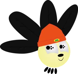 Size: 1280x1223 | Tagged: safe, artist:hazelbloons, derpibooru import, parasprite, 2014, hat, image, parappa, parappa the rapper, png, pun, simple background, smiling, solo, species swap, wings