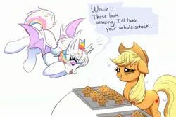 Size: 3000x2000 | Tagged: safe, artist:confetticakez, derpibooru import, applejack, oc, oc:confetti cupcake, bat pony, earth pony, applebuck season, baked bads, dialogue, food, happy, image, jpeg, muffin, smiling, tired