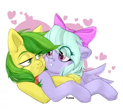 Size: 2000x1764 | Tagged: safe, artist:fraxus, artist:ilovefraxus, derpibooru import, apple fritter, flitter, earth pony, pegasus, apple family member, apple flitter (ship), commission, cute, female, image, lesbian, love, png, shiny, shipping, ych result, your character here