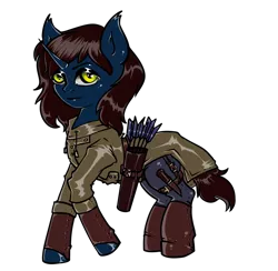Size: 1054x1029 | Tagged: safe, artist:leastways, derpibooru import, oc, oc:telum, unofficial characters only, pony, unicorn, fallout equestria, arrow, clothes, coat, commission, fanfic art, female, image, jacket, knife, leather jacket, long hair, long mane, mare, png, quiver, simple background, sketch, solo, superhero, superhero costume, transparent background, weapon