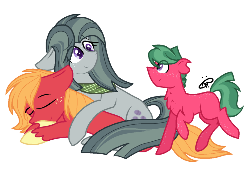 Size: 1400x990 | Tagged: safe, artist:gallantserver, derpibooru import, big macintosh, marble pie, oc, oc:watermelon tourmaline, pony, colt, female, image, lying down, male, marblemac, offspring, parent:big macintosh, parent:marble pie, parents:marblemac, png, prone, shipping, simple background, sleeping, straight, transparent background