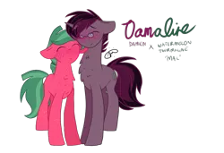 Size: 1900x1300 | Tagged: safe, artist:gallantserver, derpibooru import, oc, oc:damien, oc:watermelon tourmaline, unofficial characters only, earth pony, pony, unicorn, gay, gay couple, image, male, males only, offspring, parent:big macintosh, parent:marble pie, parents:marblemac, png, stallion