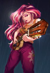 Size: 1309x1907 | Tagged: safe, artist:mandy1412, derpibooru import, sunset shimmer, equestria girls, equestria girls series, let it rain, spoiler:eqg series (season 2), clothes, cutie mark, cutie mark on clothes, eyes closed, female, guitar, human coloration, image, musical instrument, open mouth, pants, playing, png, rain, solo
