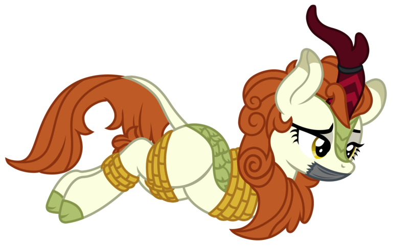 Size: 3499x2117 | Tagged: suggestive, artist:radiantrealm, derpibooru import, edit, autumn blaze, kirin, arm behind back, autumnsub, bondage, bound, bound and gagged, female, femsub, gag, horn, horn ring, image, jewelry, png, ring, rope, rope bondage, simple background, solo, submissive, tape, tape gag, tied up, transparent background, vector