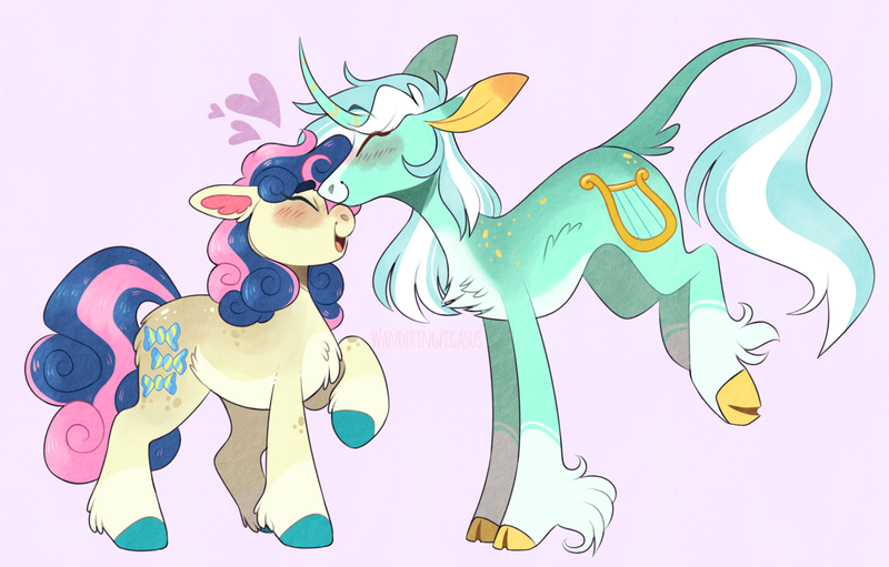 Size: 1924x1228 | Tagged: safe, artist:wanderingpegasus, derpibooru import, bon bon, lyra heartstrings, sweetie drops, classical unicorn, earth pony, pony, unicorn, adorabon, blushing, chest fluff, cloven hooves, coat markings, cute, female, floating heart, floppy ears, forehead kiss, freckles, heart, height difference, image, kiss on the head, kissing, leaning forward, leg fluff, leonine tail, lesbian, lyrabetes, lyrabon, mare, markings, open mouth, pale belly, pink background, png, shipping, simple background, size difference, socks (coat marking), standing on two hooves, unshorn fetlocks