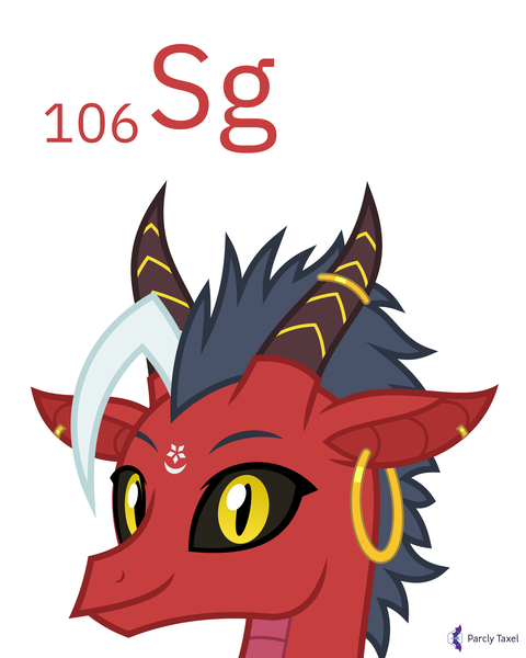 Size: 4000x5000 | Tagged: safe, artist:parclytaxel, derpibooru import, oc, oc:zarana, unofficial characters only, dragon, series:joycall6's periodic table, absurd resolution, black sclera, bust, chemistry, commission, ear piercing, earring, female, horn, horn ring, image, jewelry, looking at you, periodic table, piercing, png, portrait, pun, ring, seaborgium, simple background, singapore, smiling, solo, .svg available, vector, white background