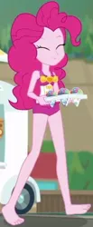 Size: 240x582 | Tagged: safe, derpibooru import, screencap, pinkie pie, human, equestria girls, equestria girls series, too hot to handle, barefoot, cropped, eyes closed, feet, image, png, smiling, snowcone, solo, walking