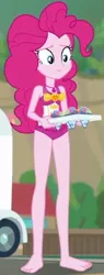 Size: 225x595 | Tagged: safe, derpibooru import, screencap, pinkie pie, human, equestria girls, equestria girls series, too hot to handle, barefoot, clothes, cropped, feet, female, food, image, png, snowcone, solo, swimsuit