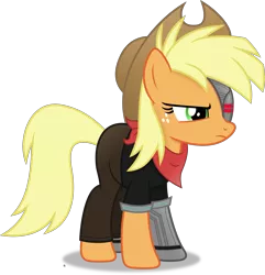 Size: 4131x4291 | Tagged: safe, artist:anime-equestria, derpibooru import, applejack, cyborg, cyborg pony, earth pony, pony, alternate hairstyle, annoyed, applejack's hat, bandana, clothes, cowboy hat, female, freckles, hat, image, mare, png, robotic legs, simple background, solo, transparent background, vector